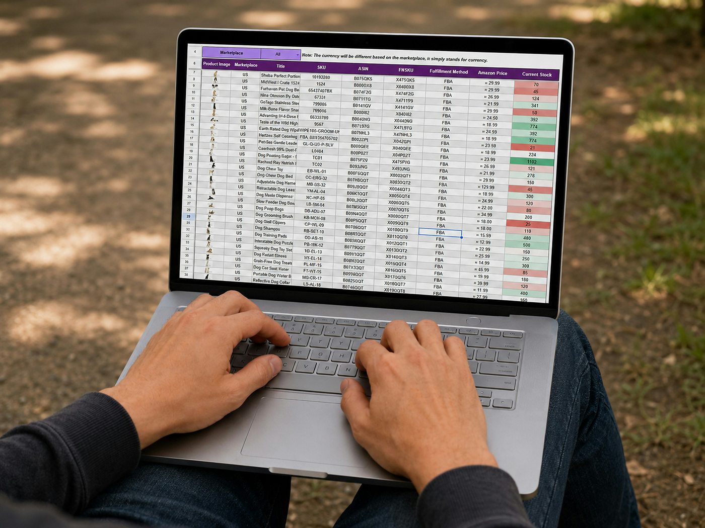 A retail inventory sheet open on a laptop